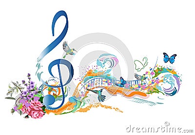 Abstract musical design with a treble clef and colorful splashes, notes and waves. Vector Illustration